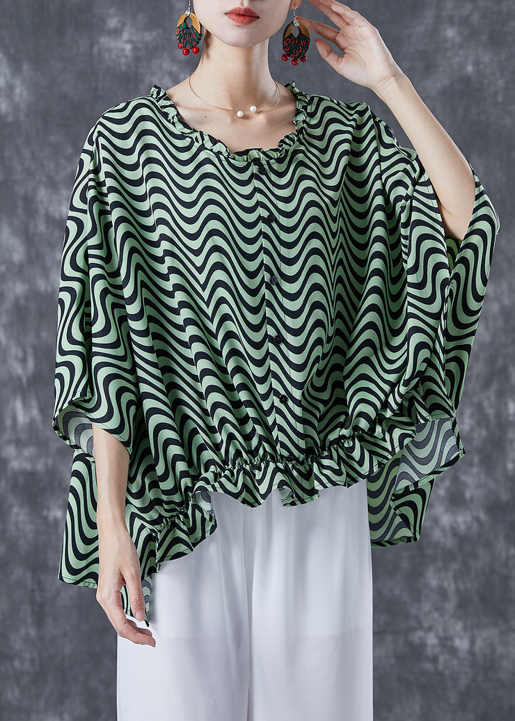 Green Wave Striped Loose Cotton Shirt Tops Ruffled Batwing Sleeve