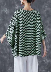 Green Wave Striped Loose Cotton Shirt Tops Ruffled Batwing Sleeve