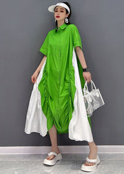 Green White Patchwork Cotton Loose Dresses Cinched Short Sleeve