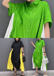 Green White Patchwork Cotton Loose Dresses Cinched Short Sleeve