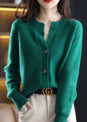 Green Woolen Knit Coats O-Neck Button Solid Color Winter