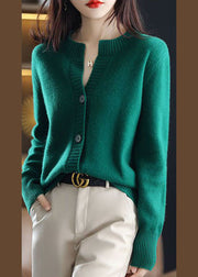 Green Woolen Knit Coats O-Neck Button Solid Color Winter