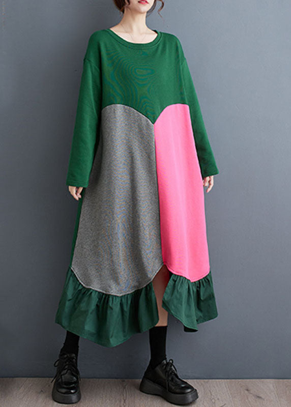 Green Wrinkled Asymmetrical Design Long Dress Fall