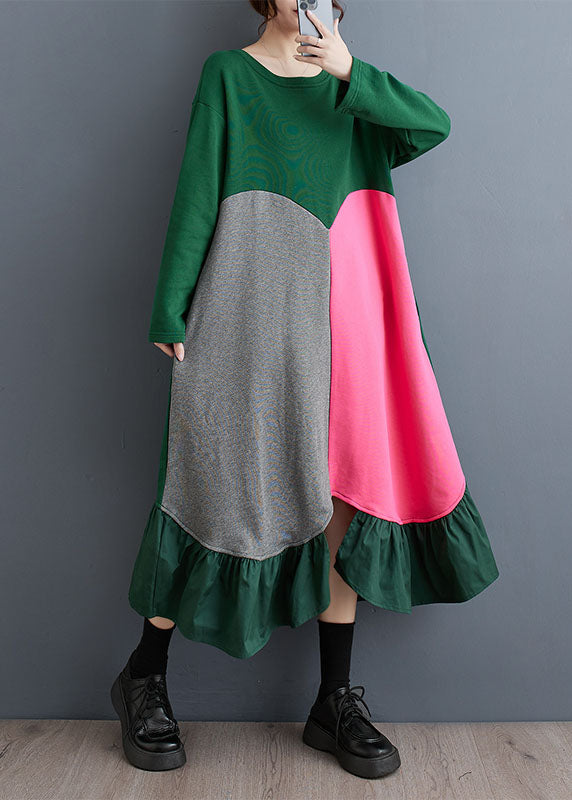 Green Wrinkled Asymmetrical Design Long Dress Fall