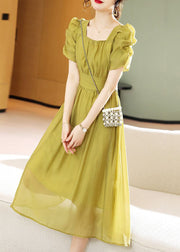 Green Wrinkled Patchwork Chiffon Dress Square Collar Summer