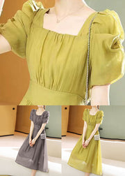 Green Wrinkled Patchwork Chiffon Dress Square Collar Summer