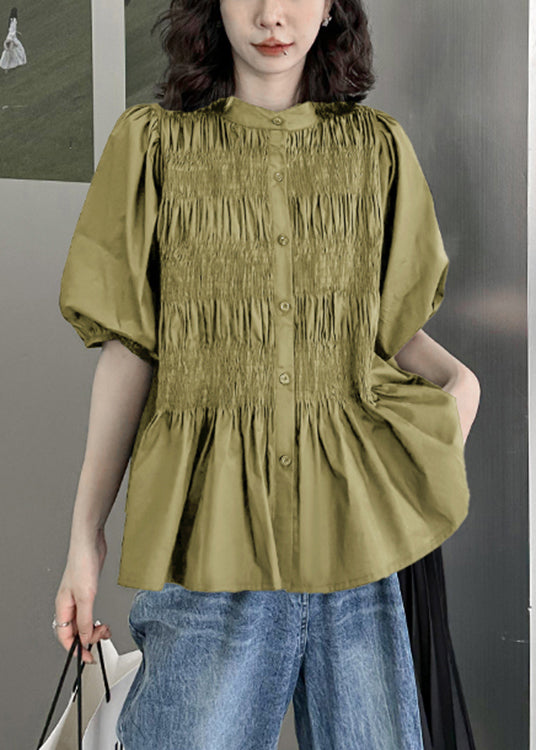 Green Wrinkled Patchwork Cotton Blouse Top O-Neck Half Sleeve