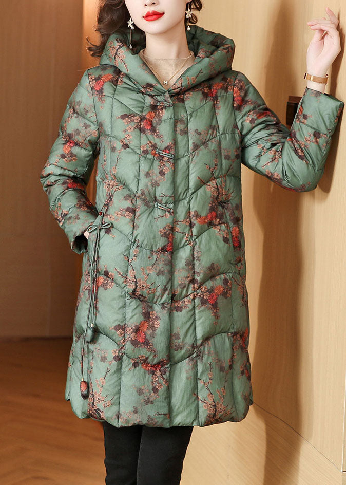 Green Zippered Button Fine Cotton Filled Hooded Down Coats Long Sleeve