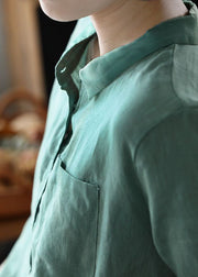 Grünes Organza-Patchwork-Leinenhemd Top Pocket Button Short Sleeve