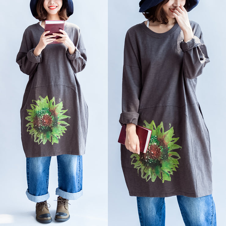 Green sunflowers cotton dresses in dark gray oversize cotton pullover blouses spring dress