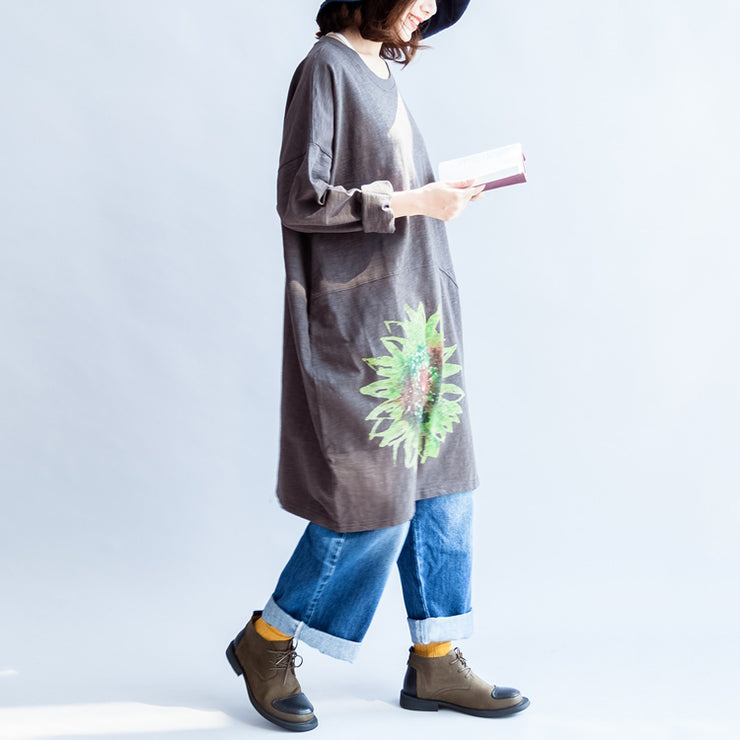 Green sunflowers cotton dresses in dark gray oversize cotton pullover blouses spring dress