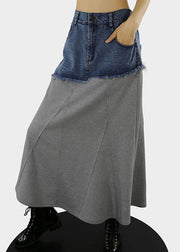 Grey A Line Skirts Denim Patchwork Button Spring