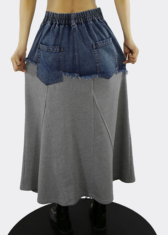Grey A Line Skirts Denim Patchwork Button Spring