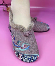 Grey Blue Flats Warm Fuzzy Wool Lined Splicing Embroidery