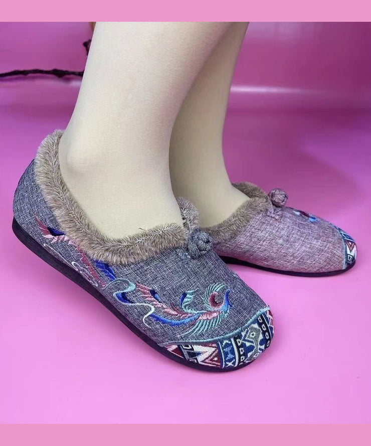 Grey Blue Flats Warm Fuzzy Wool Lined Splicing Embroidery