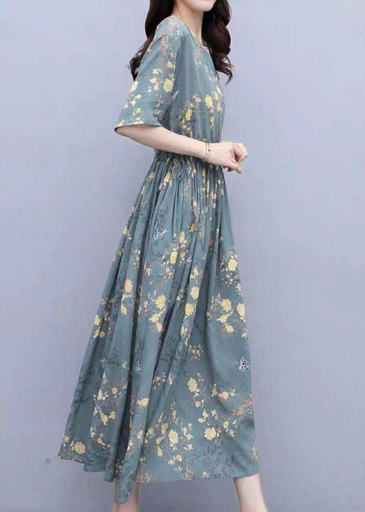 Grau-blaues Baumwoll-Cinch-Kleid mit O-Ausschnitt, Kordelzug und kurzen Ärmeln
