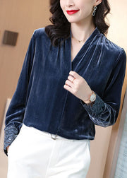 Grey Blue Silk Velour Shirt V Neck Solid Hollow Out Long Sleeve