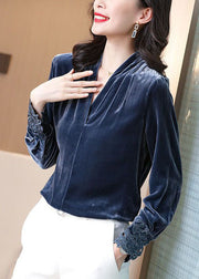 Graublaues Seidenvelourshemd mit V-Ausschnitt, solide, aushöhlen, lange Ärmel