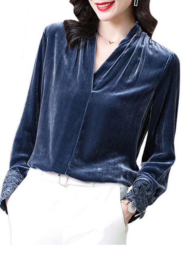 Grey Blue Silk Velour Shirt V Neck Solid Hollow Out Long Sleeve