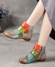 Grey Boots Cowhide Leather Comfortable Splicing Floral