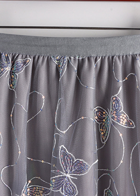 Grey Butterfly Embroidered Elastic Waist Tulle A Line Skirt Summer