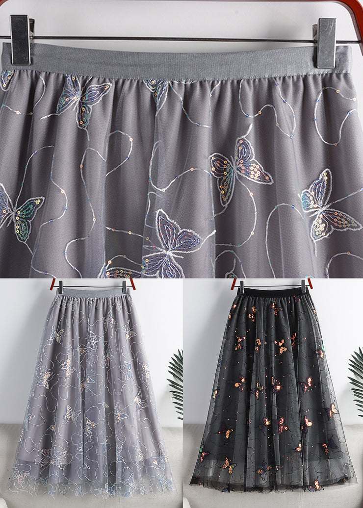 Grey Butterfly Embroidered Elastic Waist Tulle A Line Skirt Summer