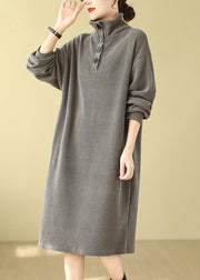 Grey Button Plus Size Simple Corduroy Mid Dress Hign Neck Fall