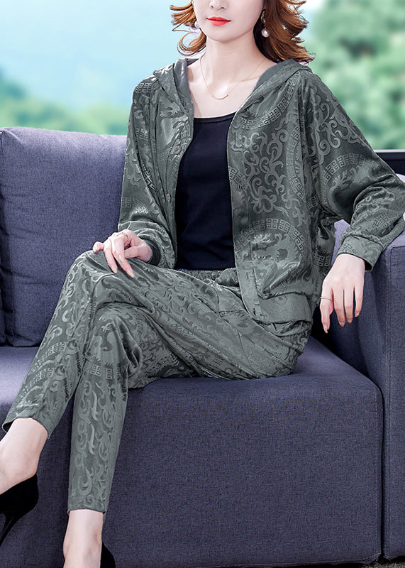 Grey Button Silk Velour Hooded Coats And Harem Pants Two Pieces Set Fall