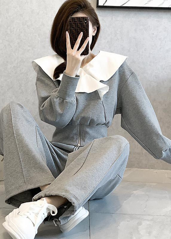 Grey Casual Cotton Tops And Pants Sport Suit Ruffled Spring
