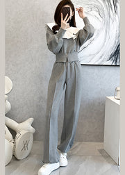 Grey Casual Cotton Tops And Pants Sport Suit Ruffled Spring