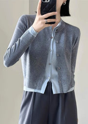 Grey Cozy Patchwork Knit Top O Neck Long Sleeve