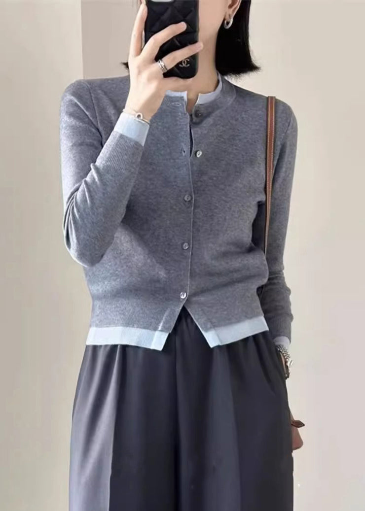 Grey Cozy Patchwork Knit Top O Neck Long Sleeve