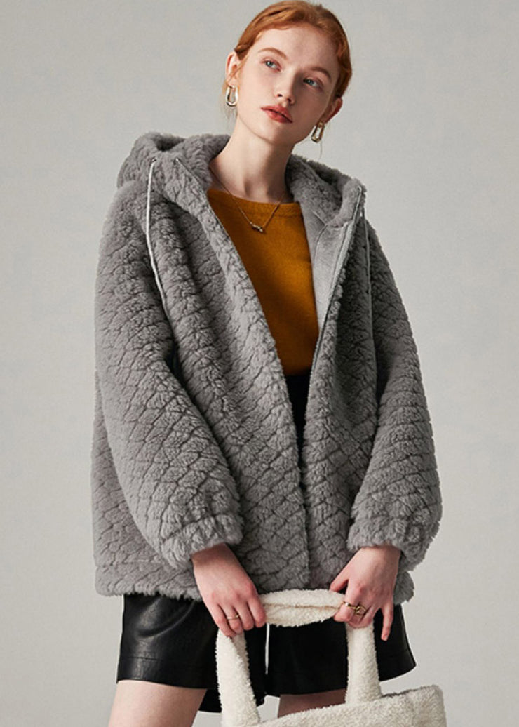 Grey Drawstring Faux Fur Hooded Coat Winter