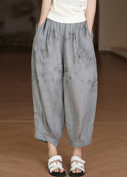 Grey Elastic Waist Linen Crop Pants Embroidered Summer
