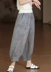 Grey Elastic Waist Linen Crop Pants Embroidered Summer