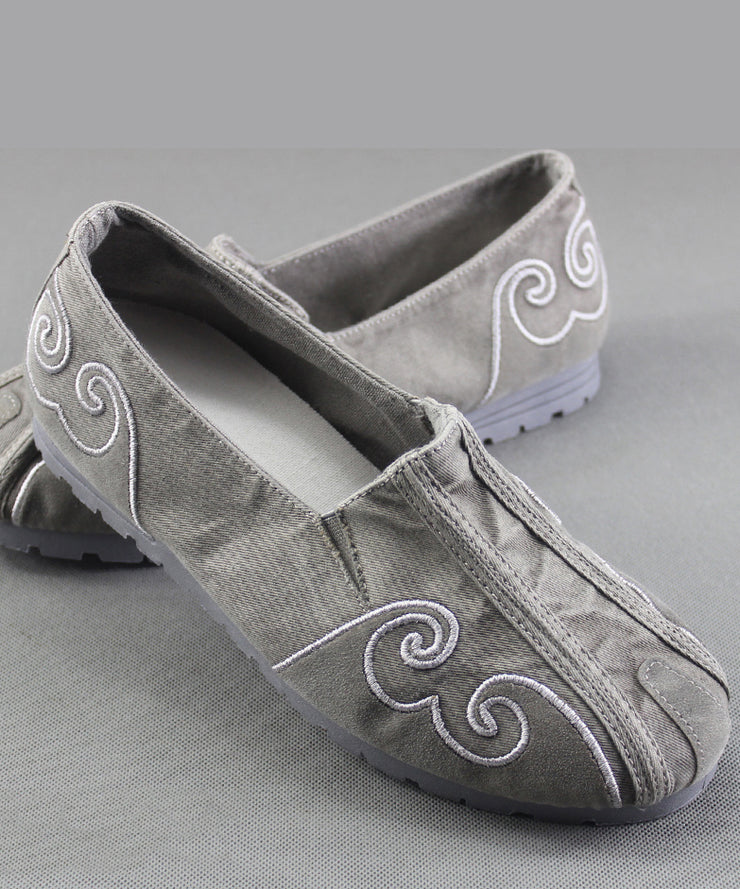 Grey Flat Feet Shoes For Men Cotton Fabric Stylish Embroidered Flats