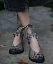 Grey Flat Shoes Calf Fitted Splicing Floral Hollow Out Cross Strap