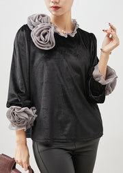 Grey Floral Silk Velour Shirt Top Ruffled Spring