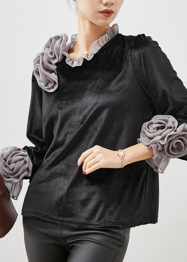 Grey Floral Silk Velour Shirt Top Ruffled Spring