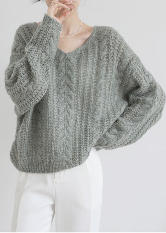 Grey Green Ma Hai mao Cable Knit Sweaters Hollow Out Spring