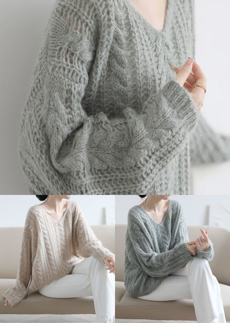 Grey Green Ma Hai mao Cable Knit Sweaters Hollow Out Spring
