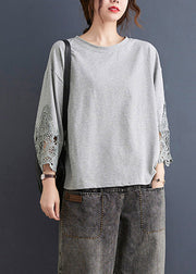 Grey Hollow Out Sweatshirts Top Ruffled low high design Three Quarter sleeve