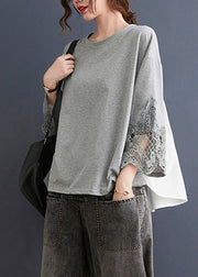 Grey Hollow Out Sweatshirts Top Ruffled low high design Three Quarter sleeve