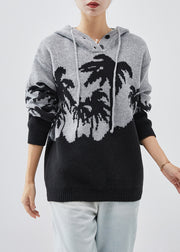 Grey Jacquard Knit Loose Sweatshirts Top Hooded Spring
