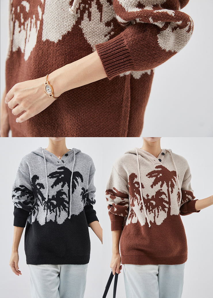 Grey Jacquard Knit Loose Sweatshirts Top Hooded Spring