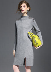 Grey Knit Sweater Dress Turtle Neck Nail Bead Side Open Long Sleeve