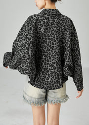 Grey Leopard Print Cotton Coats Peter Pan Collar Pocket Batwing Sleeve