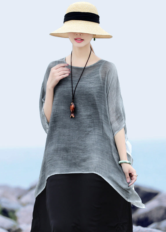Grey Loose Linen UPF 50+ Tops Low High Design Short Sleeve