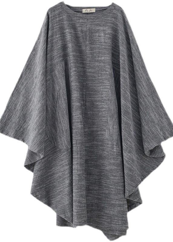 Grey O-Neck Bat Sleeve Large Spring Summer Cotton Dress - SooLinen