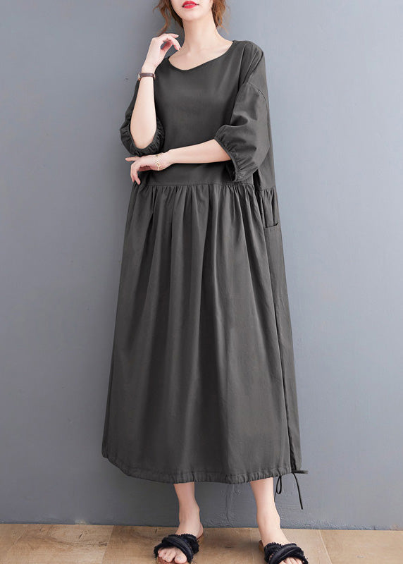 Grey O-Neck Solid Holiday Maxi Dress Short Sleeve